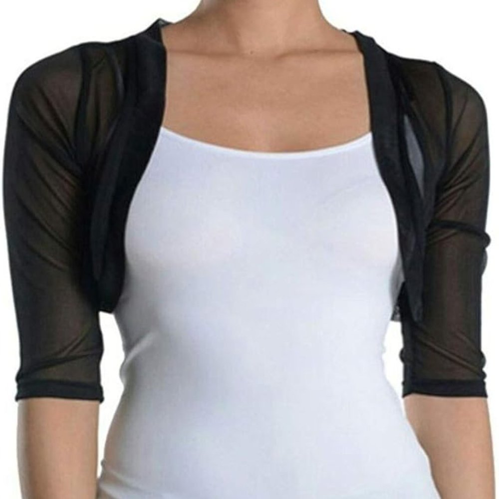 NWT Fashion Secrets Black Sheer Chiffon Bolero Shrug 3/4 Sleeve size XS